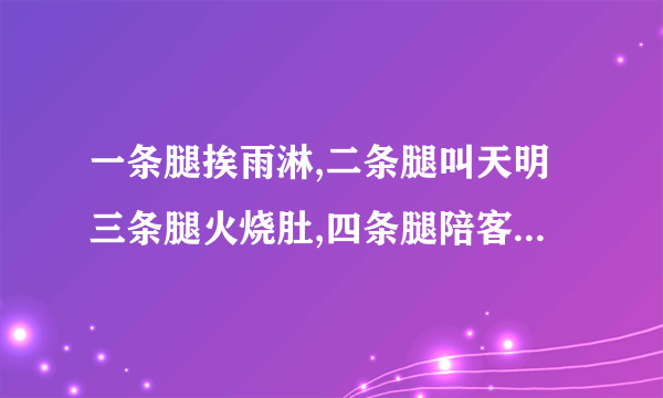 一条腿挨雨淋,二条腿叫天明三条腿火烧肚,四条腿陪客人谜语是什么
