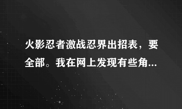 火影忍者激战忍界出招表，要全部。我在网上发现有些角色的出招表没有