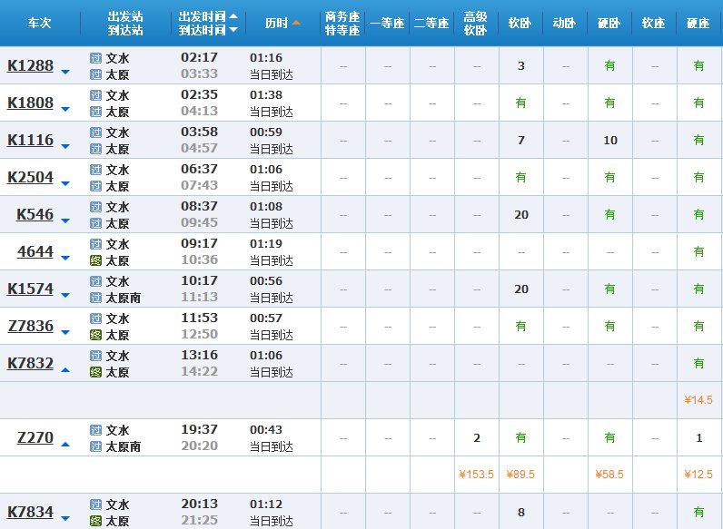 从文水到太原南火车列车有哪些车次 列车时刻表查询