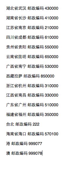 中国各省的邮政编码？