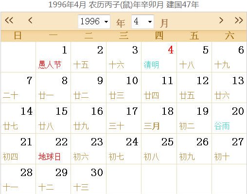 1996年日历