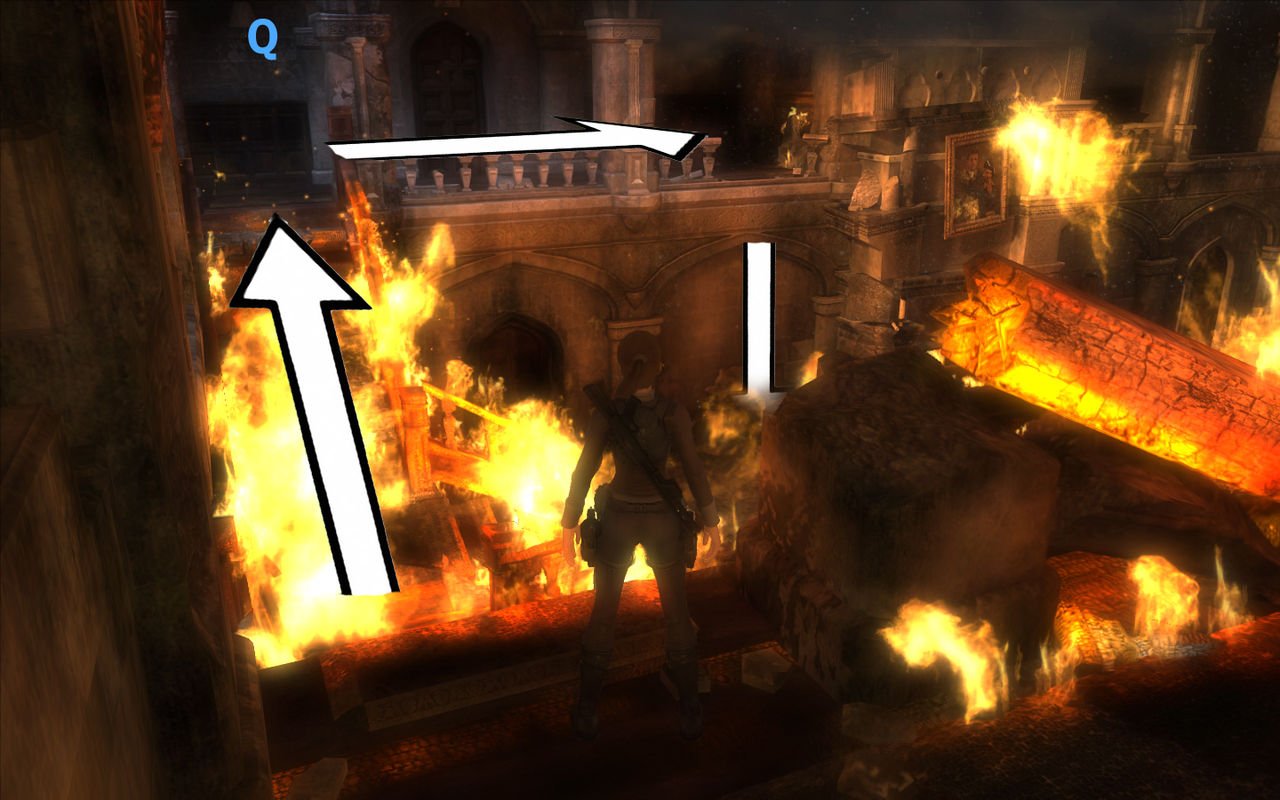 古墓丽影8中 刚开始要穿过火焰到达大厅 怎么走 中间都是火焰 不知道怎么过到对面大厅 用抓钩也没用